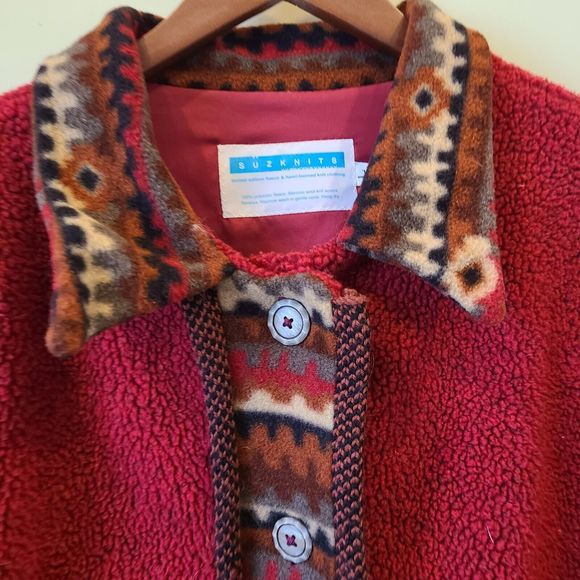 Rare SuzKnits Womens Aztec Fleece Jacket Large Red Merino Wool Southwestern - Picture 3 of 8